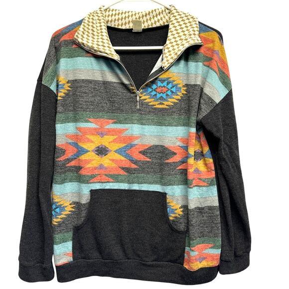 7th Ray LS Collared Women Unisex T Shirt Boho Pouch Pocket Aztek M/L - Picture 1 of 7